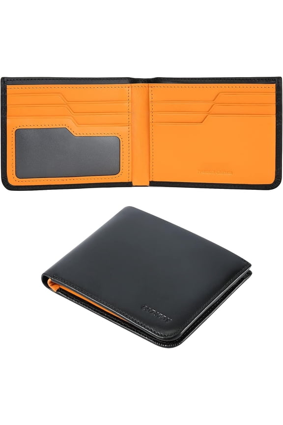 Calfskin Slim Wallets For Men RFID Blocking Leather Minimalist Front Pocket Mens Bifold Wallet Easy Access Ladder Card Slots (Black)