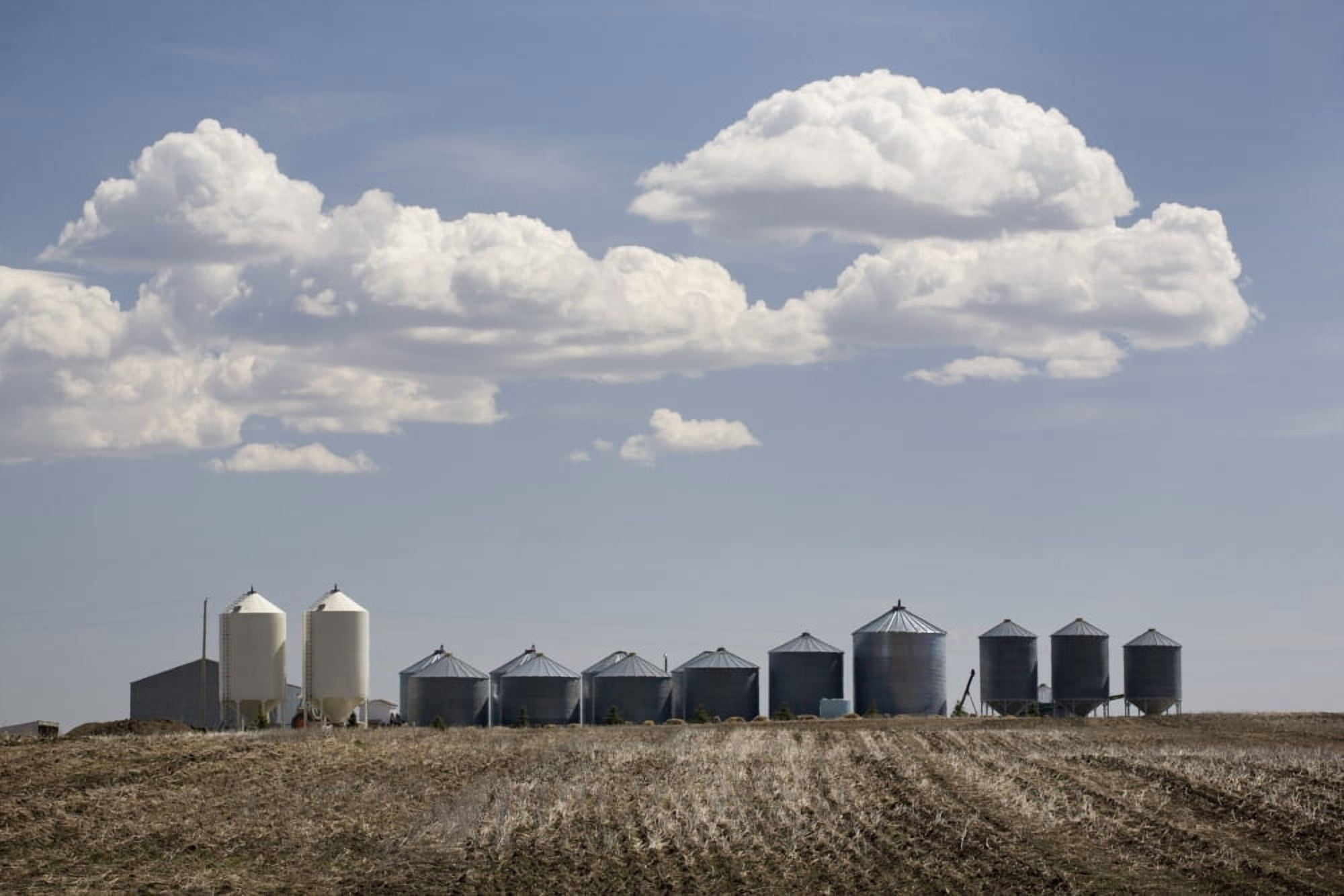 Calgary Alberta Canada A Row Of Grain Bins In A Tilled Field Canvas Art - Michael Interisano Design Pics (19 x 12)
