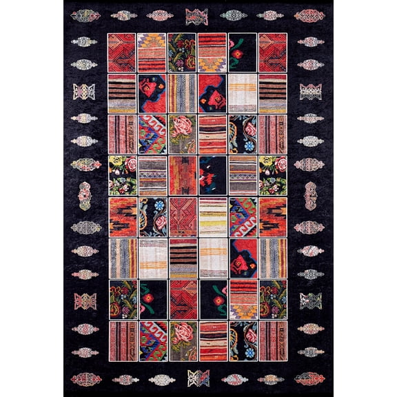 Calgary Black Patchwork Polyester Area Rugs for Living Room Washable Rugs Boho Moroccan Area Rug Soft Geometric Bohemian Carpet Distressed Indoor Rug for Bedroom Dining Room Office Nonslip Rug
