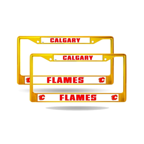 Calgary Hockey Flames Gold Yellow Painted Chrome Metal License Plate Frame - Set of 2 Frames