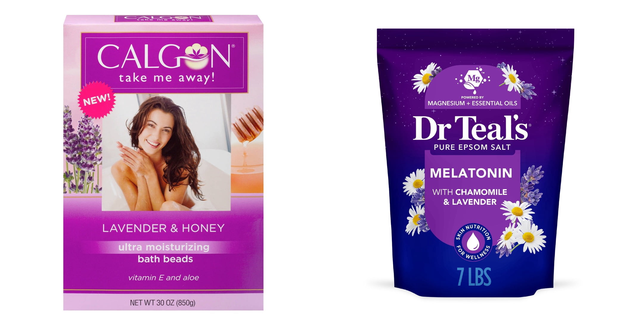 Calgon Lavender Moisturizing Bath Beads with Aloe & Vitamin E & Dr Teal's Epsom Salt Magnesium Soak, Sleep Blend with Melatonin, Lavender & Chamomile, 7 lbs Bundle