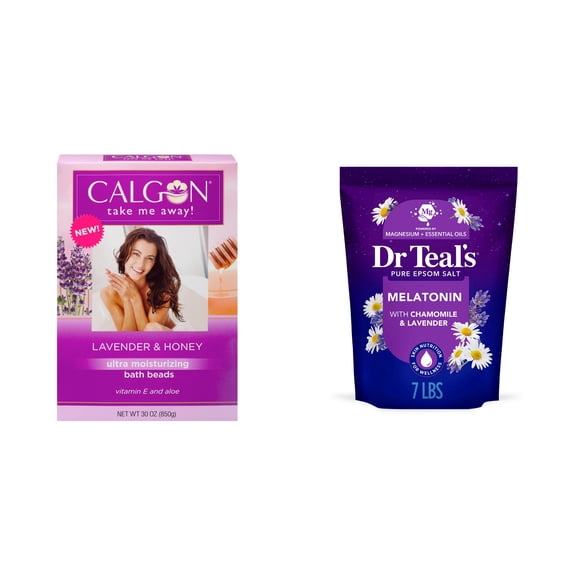 Calgon Lavender Moisturizing Bath Beads with Aloe & Vitamin E & Dr Teal's Epsom Salt Magnesium Soak, Sleep Blend with Melatonin, Lavender & Chamomile, 7 lbs Bundle