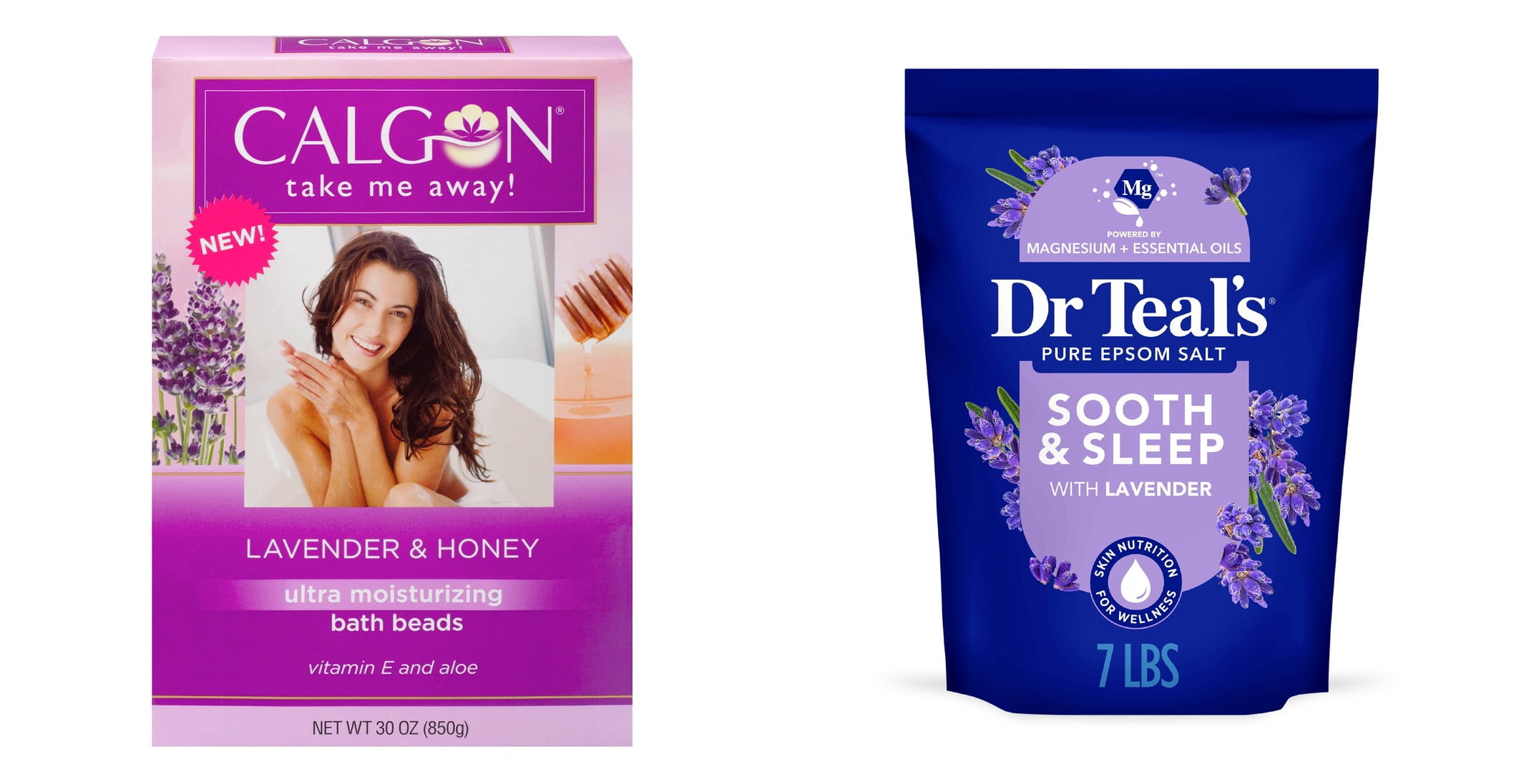 Calgon Lavender Moisturizing Bath Beads with Aloe & Vitamin E & Dr Teal's Epsom Salt Magnesium Soak, Soothe & Sleep with Lavender, 7 lbs Bundle