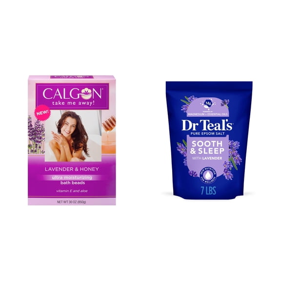 Calgon Lavender Moisturizing Bath Beads with Aloe & Vitamin E & Dr Teal's Epsom Salt Magnesium Soak, Soothe & Sleep with Lavender, 7 lbs Bundle