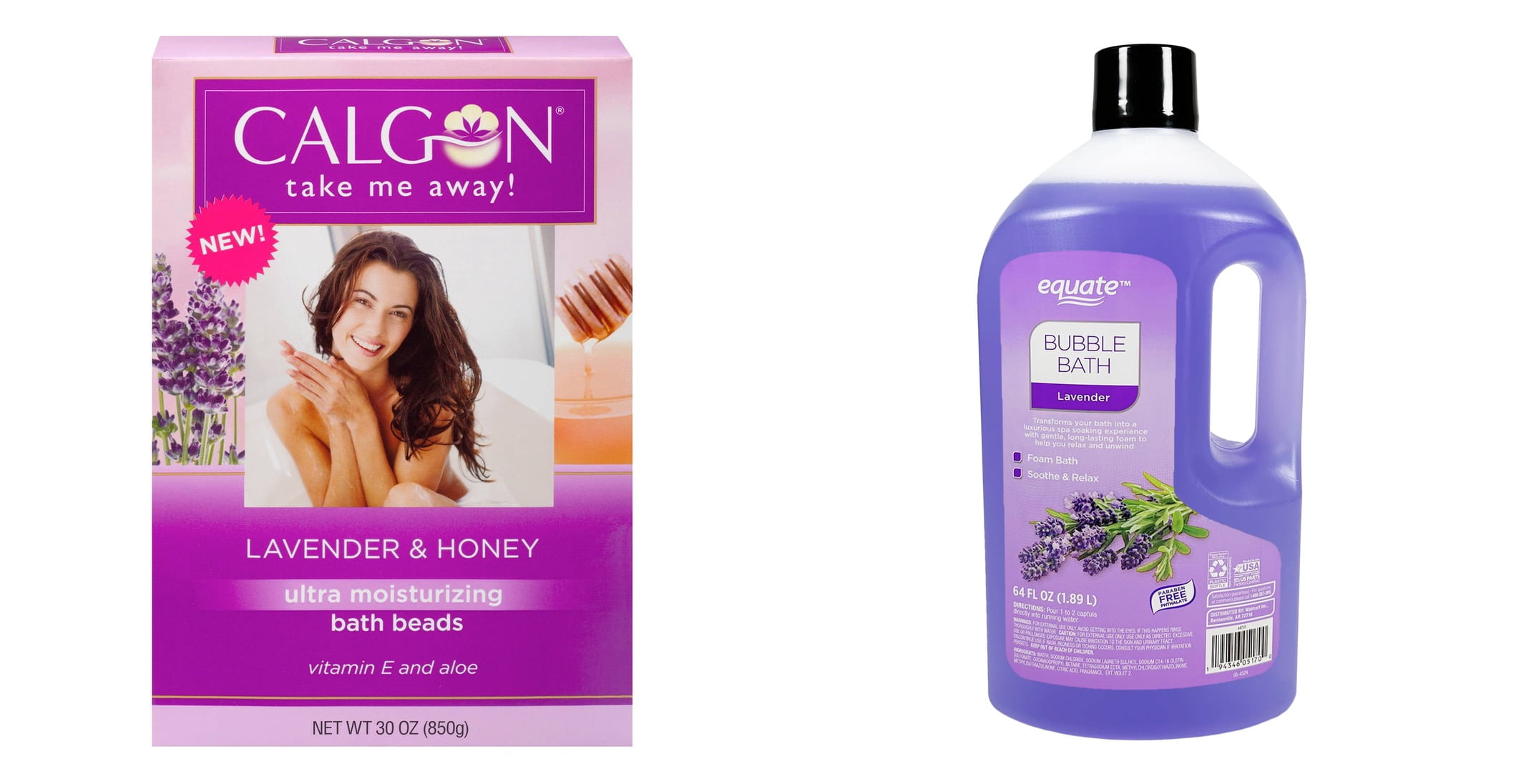 Calgon Lavender Moisturizing Bath Beads with Aloe & Vitamin E & Equate Bubble Bath, Lavender Bundle