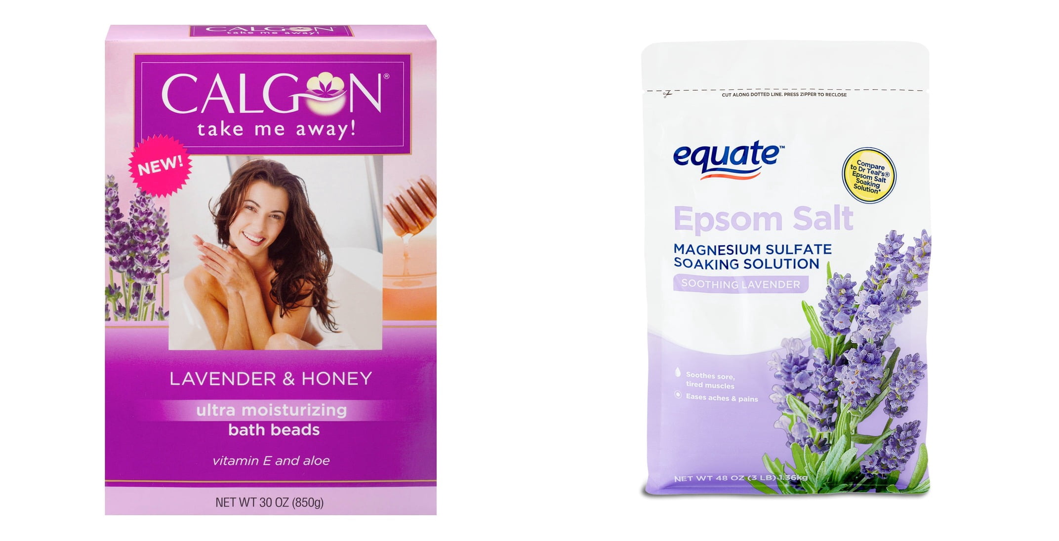 Calgon Lavender Moisturizing Bath Beads with Aloe & Vitamin E & Equate Epsom Salt Soothing Lavender, 3 Lbs Bundle