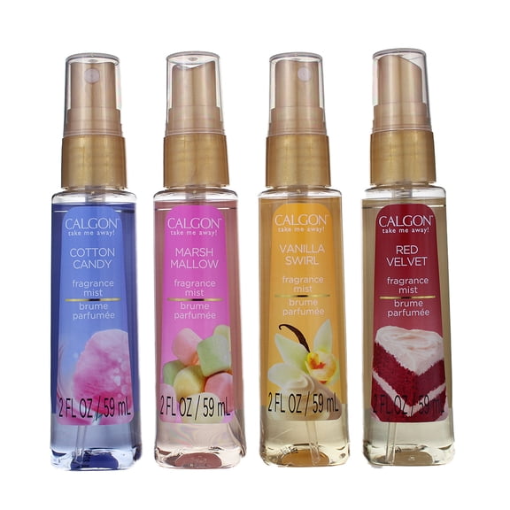Calgon Take Me Away 4 Pc Gift Set ( Refreshing Body Mist 2.0 Oz Of Cotton Candy Marsh Mallow Vanilla Swirl & Red Velvet ) for Women by Calgon