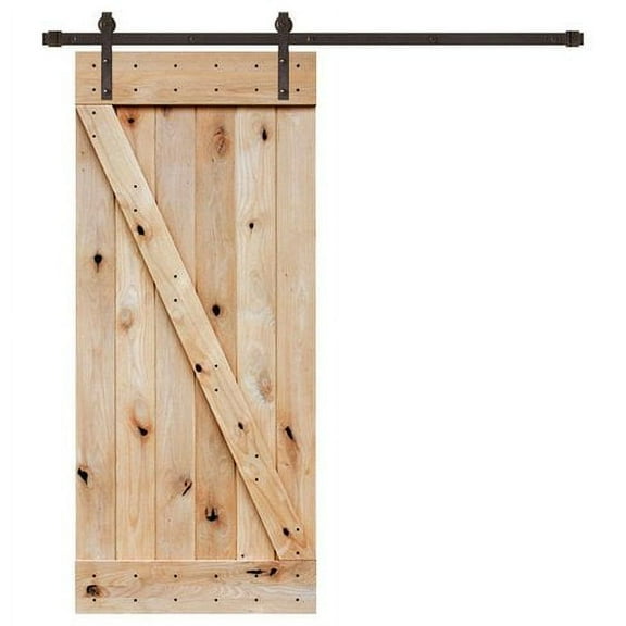Calhome 36 in. x 84 in. Unfinished Knotty Pine Wood Sliding Barn Door with Classic Bent Strap Bronze Hardware Kit