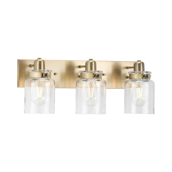 Calhoun Collection Three-Light Vintage Brass Clear Glass Farmhouse Bath Vanity Light