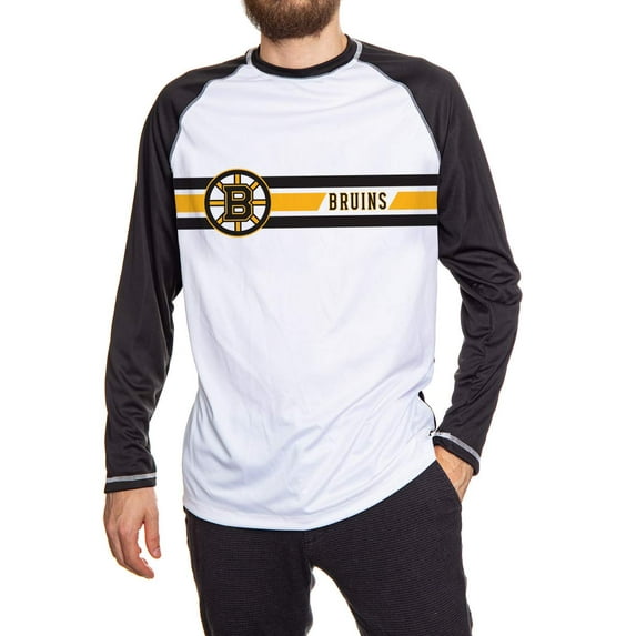 Calhoun Mens Officially Licensed NHL Striped Long Sleeve Rashguard (Small, Boston Bruins)
