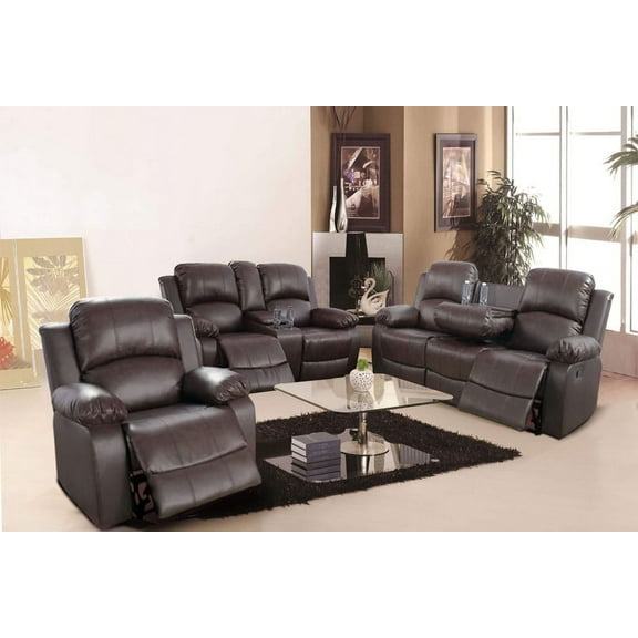 Cali 3 Piece Faux Leather Reclining Living Room Set Brown