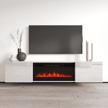 Cali BL-EF Floating Fireplace TV Stand for TVs up to 80", Modern High Gloss 72" Entertainment Center, Wall Mounted Electric Fireplace TV Media Console with Storage Cabinets