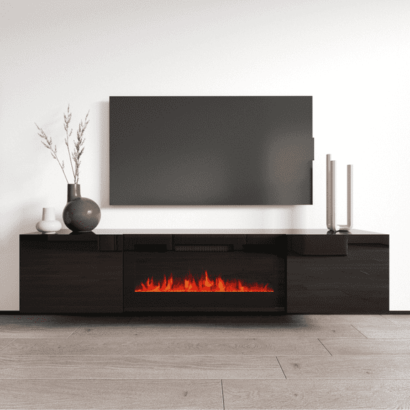 Cali BL-EF Floating Fireplace TV Stand for TVs up to 80", Modern High Gloss 72" Entertainment Center, Wall Mounted Electric Fireplace TV Media Console with Storage Cabinets