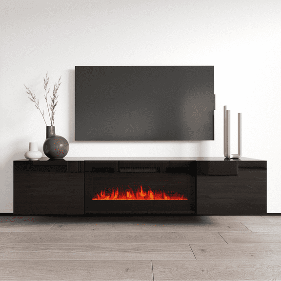 Cali BL-EF Floating Fireplace TV Stand for TVs up to 80", Modern High Gloss 72" Entertainment Center, Wall Mounted Electric Fireplace TV Media Console with Storage Cabinets