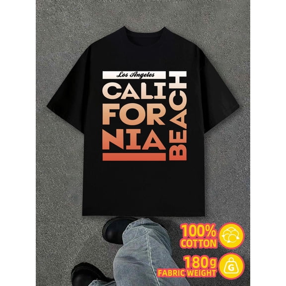 Cali Beach LA men black 180G 100% Cotton printed T-shirts,Streetwear style clothing Original Unisex Shirt Short Sleeve tshirts Unique Design Unisex Shirt Graphic tshirts