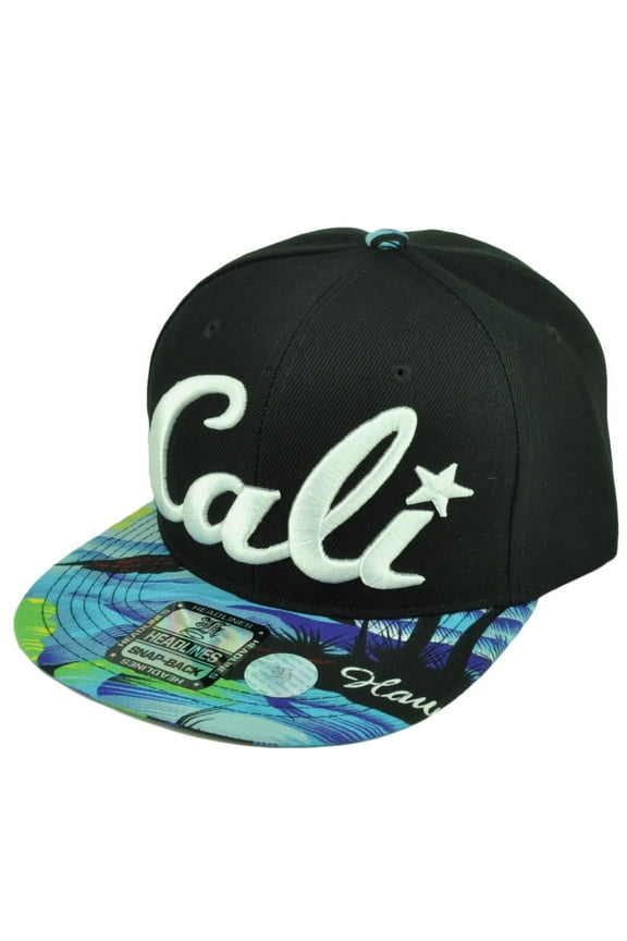 Cali California 3D Hawaiian Floral Flower Brim Hat Cap Snapback BLK Blue Green