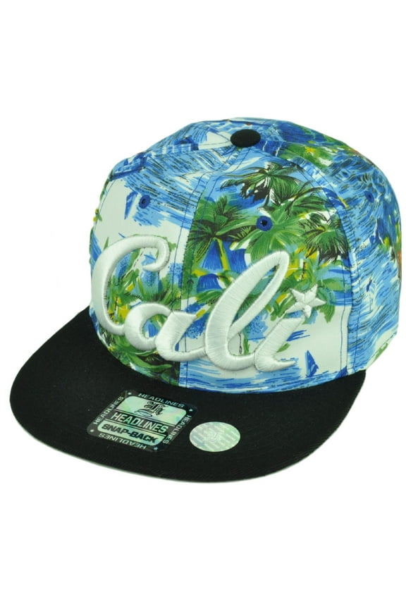 Cali California Hawaiian Floral Crown Black Flat Hat Cap Snapback Satin Ocean