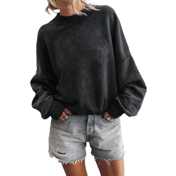 Cali Chic Women Black Drop Shoulder Crew Neck Pullover Sweatshirt (black, small)