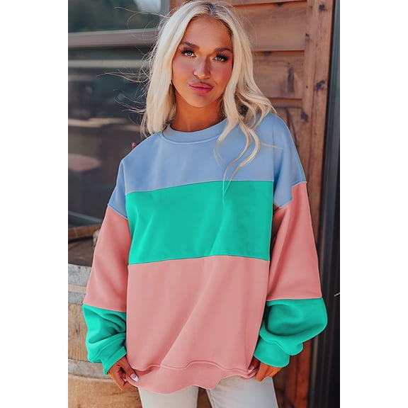 Cali Chic Women Sweatshirt Blossom Color Block Patchwork Drop Shoulder Pullover