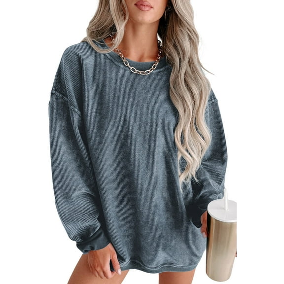 Cali Chic Women Sweatshirt Blue Solid Ribbed Knit Round Neck Pullover (blue, small)