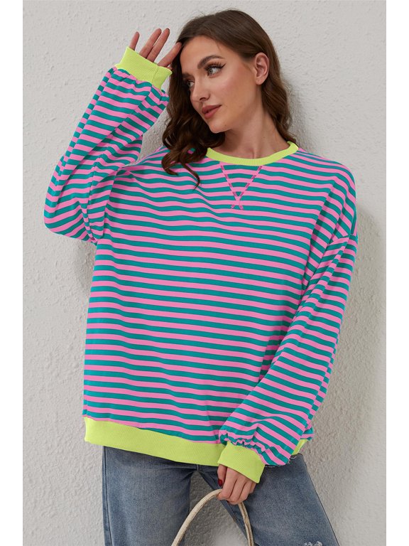 Women Sweatshirt Green Stripe Oversized Contrast Trim Knit Round Neck Pullover (2xl, green)