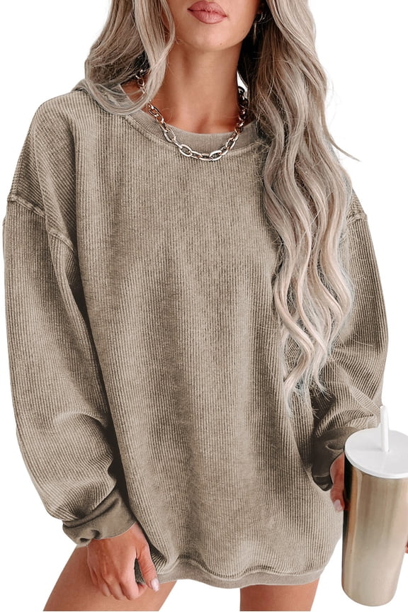 Women Sweatshirt Khaki Solid Ribbed Knit Round Neck Pullover (khaki, medium)