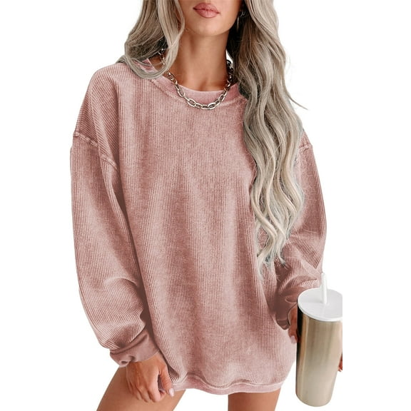 Cali Chic Women Sweatshirt Pink Solid Ribbed Knit Round Neck Pullover (pink, small)