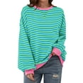 thumbnail image 1 of Cali Chic Women Sweatshirt Sky Blue Stripe Oversized Contrast Trim Knit Round Neck Pullover (sky blue, medium), 1 of 12