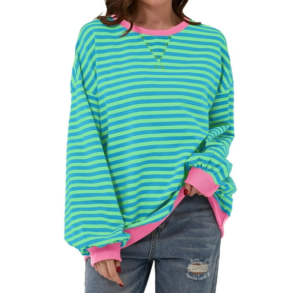 Cali Chic Women Sweatshirt Sky Blue Stripe Oversized Contrast Trim Knit Round Neck Pullover (sky blue, small)
