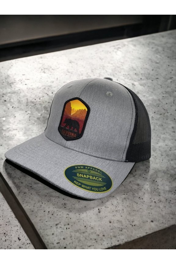 Cali Mesh Back Trucker Baseball Cap with Patch - Heather Grey on Black