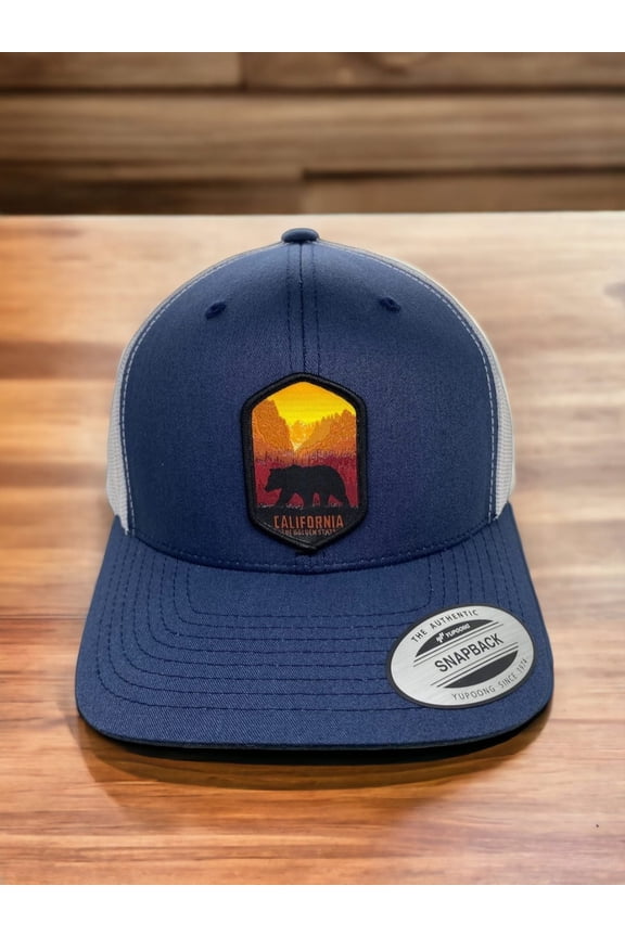 Cali Mesh Back Trucker Baseball Cap with Patch - Navy Blue on White Mesh