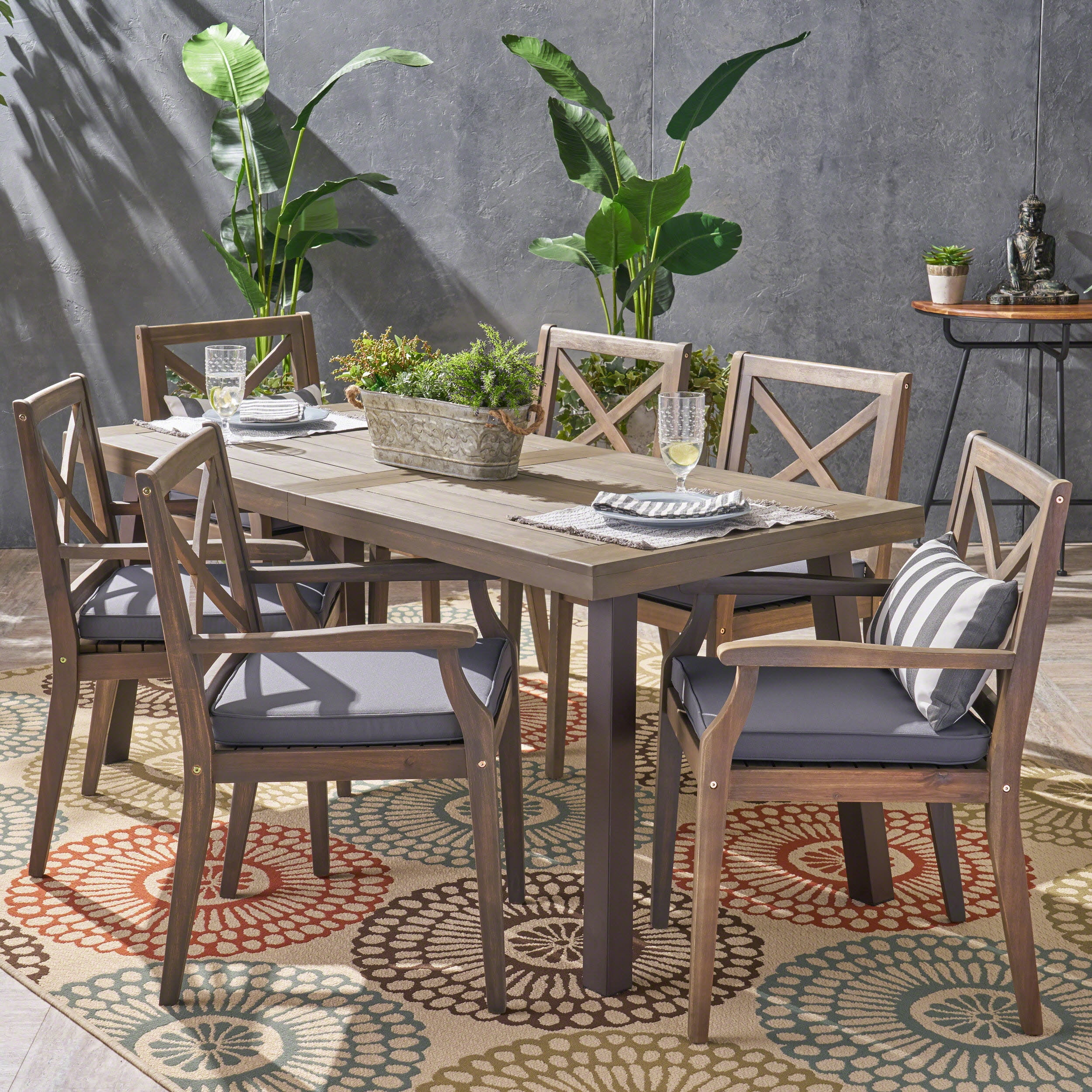 Cali Outdoor Wooden Patio 7 Piece Acacia Wood Dining Set with Cushions ...