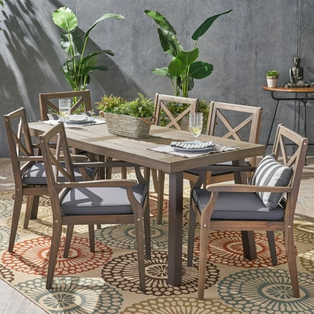 Cali Outdoor 7 Piece Acacia Wood Rectangular Dining Set with Cushions, Gray, Dark Gray
