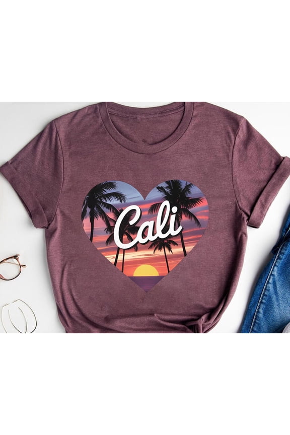 Cali Sunset Shirt: Retro California Heart Palm Tree Graphic Tee TSHIRT All Size S-5XL