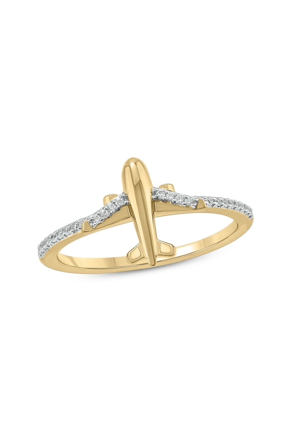1/10 Ct Natural Diamond Airplane Ring for Women in 925 Sterling Silver with Yellow Gold Finish | Fashion Diamond Ring | Travel Jewelry Gift | Diamond Jewelry for Her
