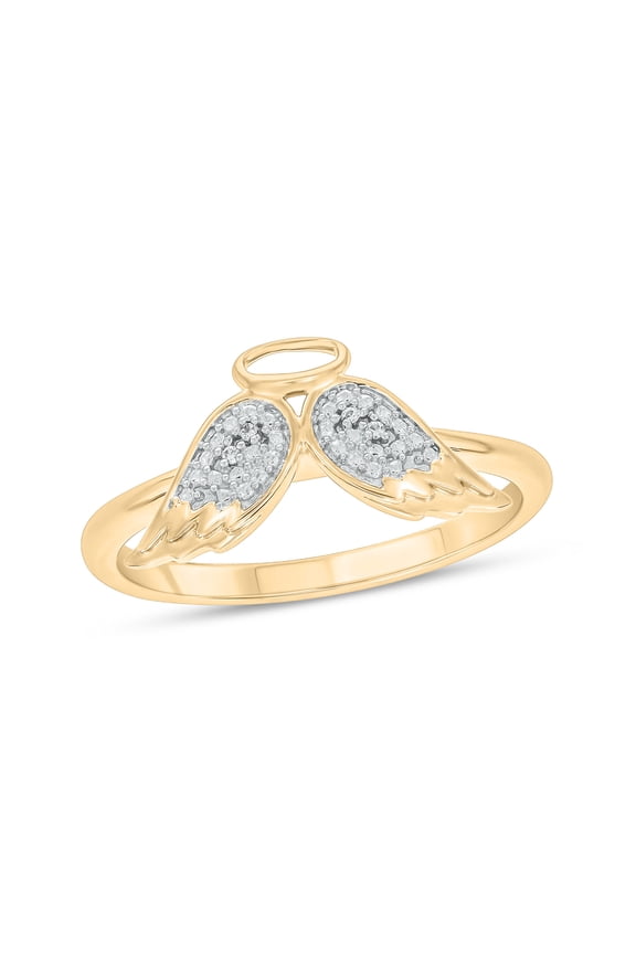 1/20 Ct Natural Diamond Angel Wing Ring for Women in 14KT Yellow Gold Vermeil over 925 Sterling Silver | Guardian Angel Halo Jewelry | Fashion Ring Gift for Her