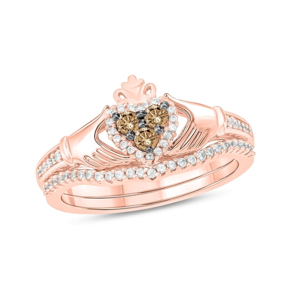 Cali Trove 1/3 Ct Natural Champagne Diamonds Irish Claddagh Bridal Ring Set for Women 18KT Rose Gold Vermeil Plated Silver Crown Heart Engagement Ring with Matching Band Jewelry Gifts