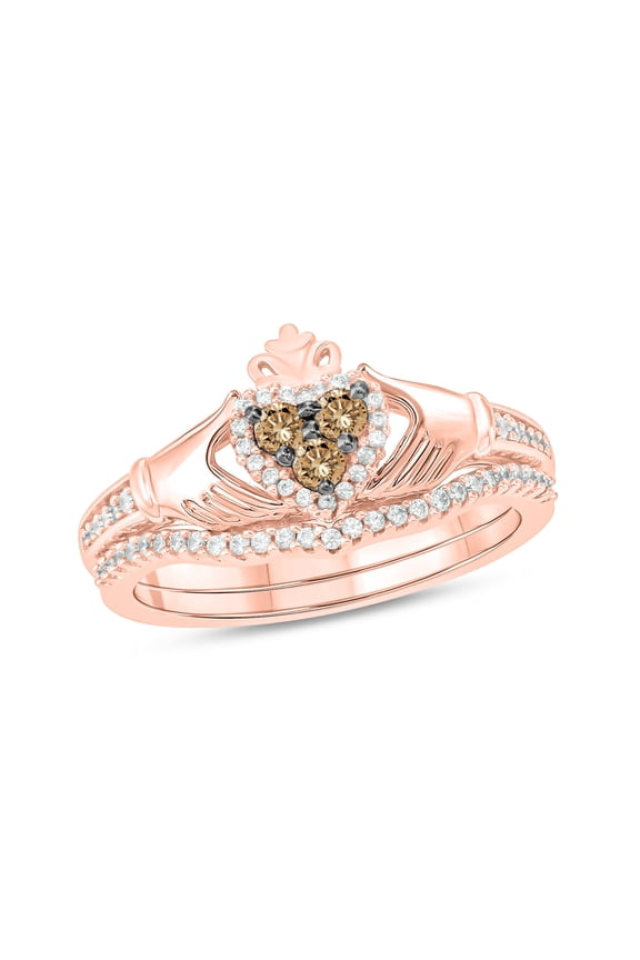 1/3 Ct Natural Champagne Diamonds Irish Claddagh Bridal Ring Set for Women 18KT Rose Gold Vermeil Plated Silver Crown Heart Engagement Ring with Matching Band Jewelry Gifts
