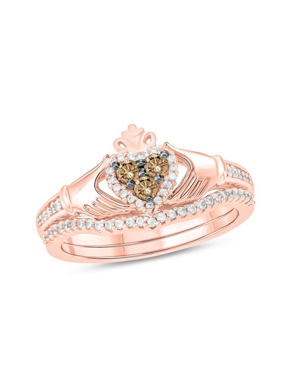 1/3 Ct Natural Champagne Diamonds Irish Claddagh Bridal Ring Set for Women 18KT Rose Gold Vermeil Plated Silver Crown Heart Engagement Ring with Matching Band Jewelry Gifts