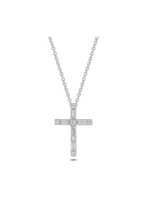 1/4 ct. t.w. Lab Grown Diamond Round & Baguette Cross Necklace 925 Sterling Silver, 18"