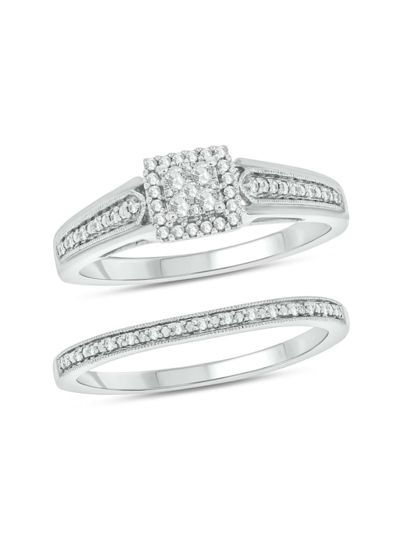 1/5 CT Natural Diamond Engagement Wedding Bridal Ring Set, 925 Sterling Silver