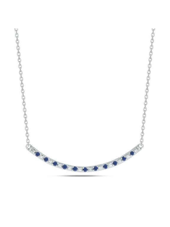 1/6 Ct Natural Diamond Curved Bar Necklace in Sterling Silver | Blue Sapphire Bar Necklace for Women