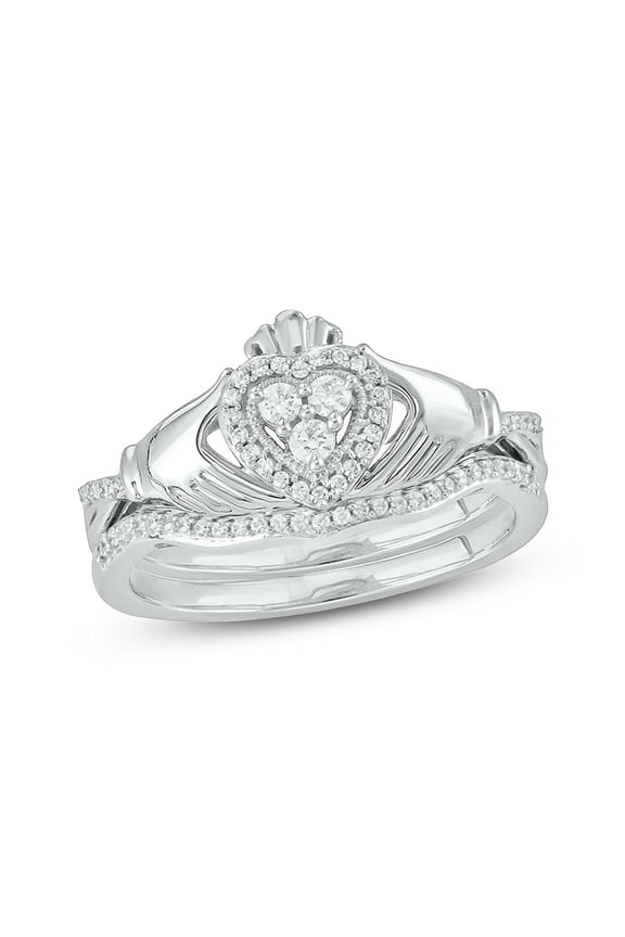 10K White Yellow Rose Gold 1/4ct TDW Round White Diamond 2 Piece Claddagh Bridal Ring Set