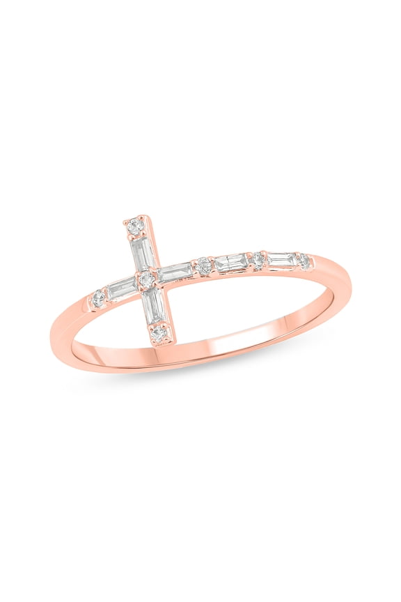 14KT Pink Gold 1/6 Cttw Diamond Fashion Cross Ring Band for Women
