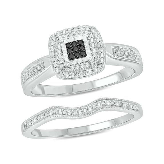 Cali Trove Bridal Ring Set 1/5 Ct Natural Black and White Diamond Square Halo Engagement Ring with Matching Band in 925 Sterling Silver