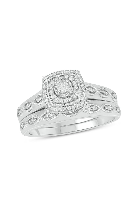 Bridal Ring Set 1/5 Ct Natural Diamond Round Halo Engagement Ring with Milgrain Detail and Matching Band in 925 Sterling Silver