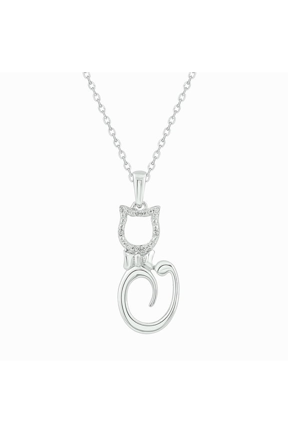 Diamond Cat Pendant Necklace with 1/20 Carat Natural Diamonds in Sterling Silver – Dainty Gift for Her