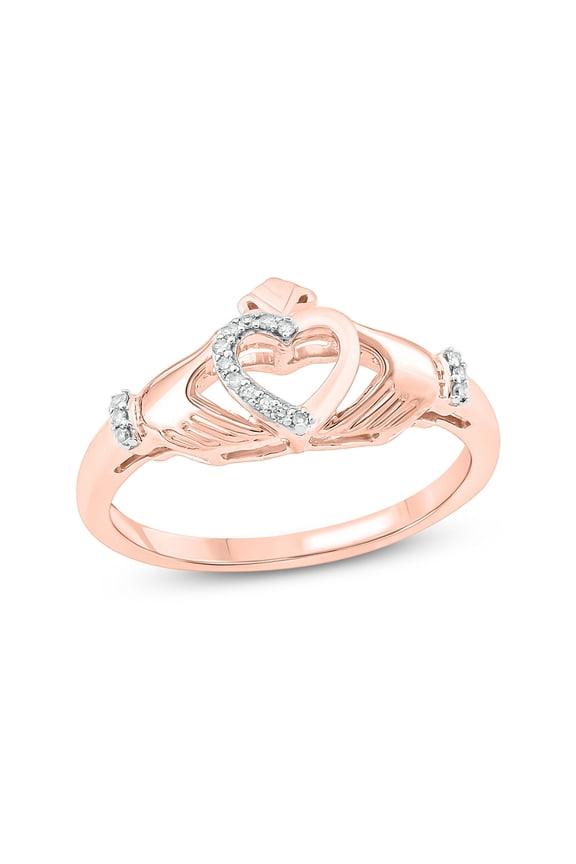 Diamond Claddagh Ring for Women, 1/20 CTTW, 18KT Rose Gold Vermeil Over Sterling Silver, Irish Love and Friendship