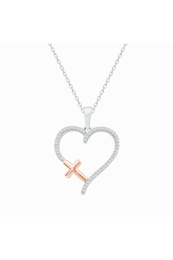 Diamond Cross Heart Pendant Necklace for Women 1/10 Ct Natural Diamonds 925 Sterling Silver with 18KT Rose Gold Vermeil Faith and Love Jewelry Gift for Her