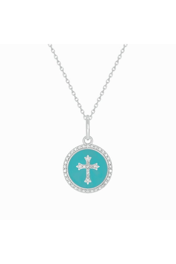 Diamond Cross Pendant Necklace with Enamel and 1/5 Ct Natural Diamonds in Sterling Silver, Gold Vermeil